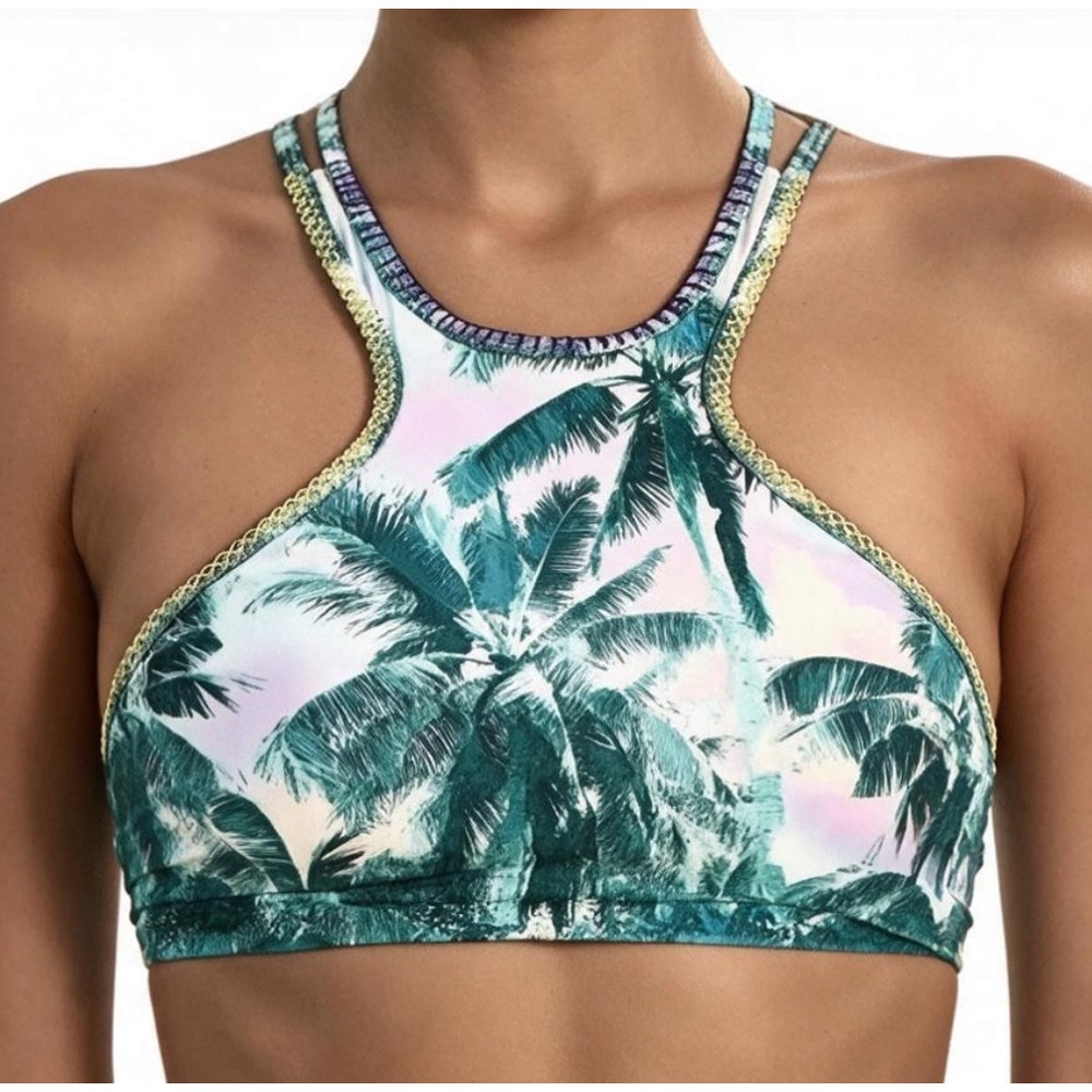 NWT PilyQ Bikini Swim Suit Top STITCHED GYPSY HALTER Mai Tai Palm Trees Beach D